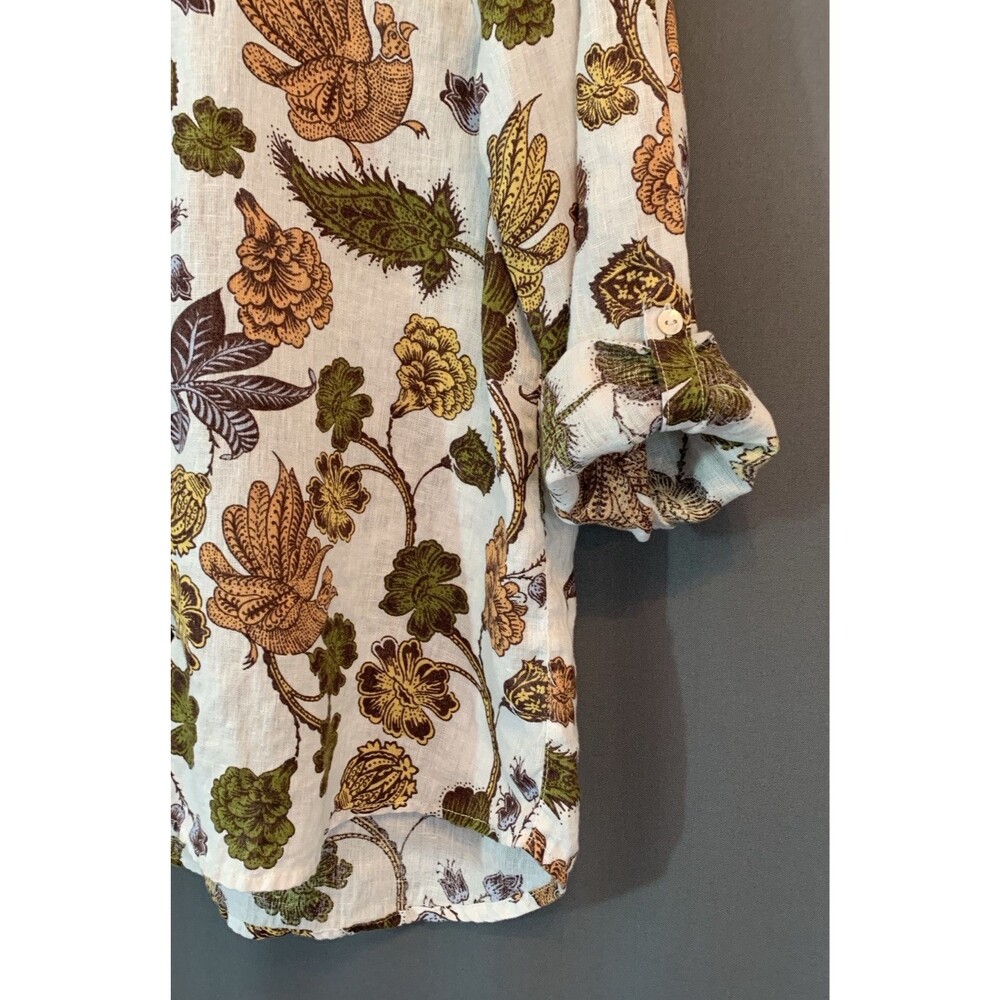 Nicole Miller European Flax Linen Shirt XL Earthy Floral Bird Button-up Roll-tab - Picture 10 of 14